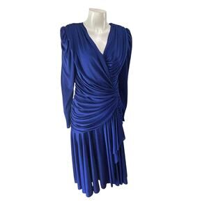 Vintage 80s Blue Draped Dress Ruched Wrap Wiggle Party Midi Medium USA -